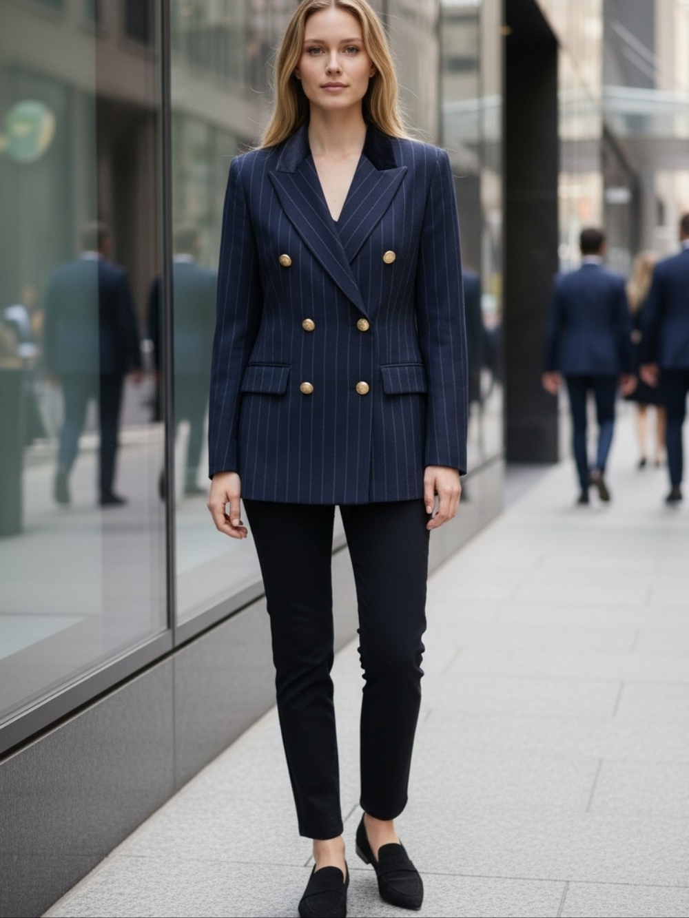 Jones New York Blazer Dsrk Blue Pinstripe Tailored Tuxedo Military Jacket Office